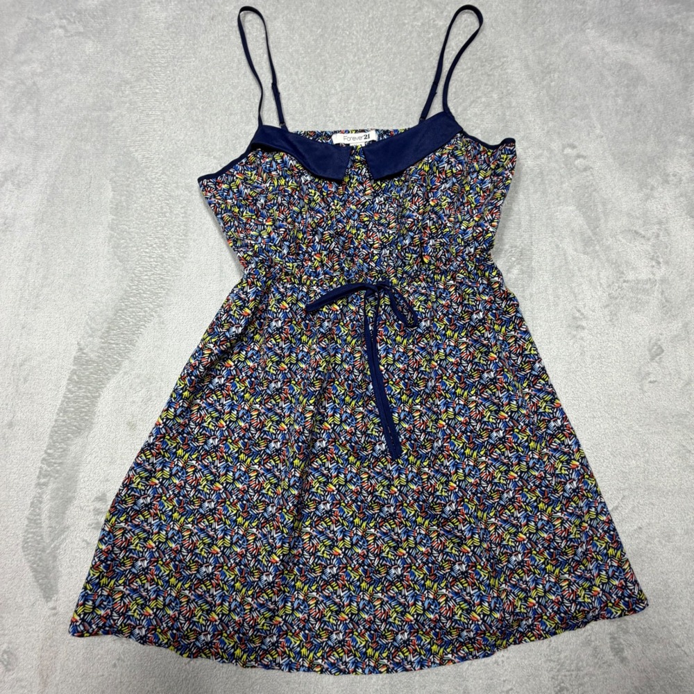 2010s Navy Blue Multicolor Summer Peter Pan Collar Mini Dress Size M Casual